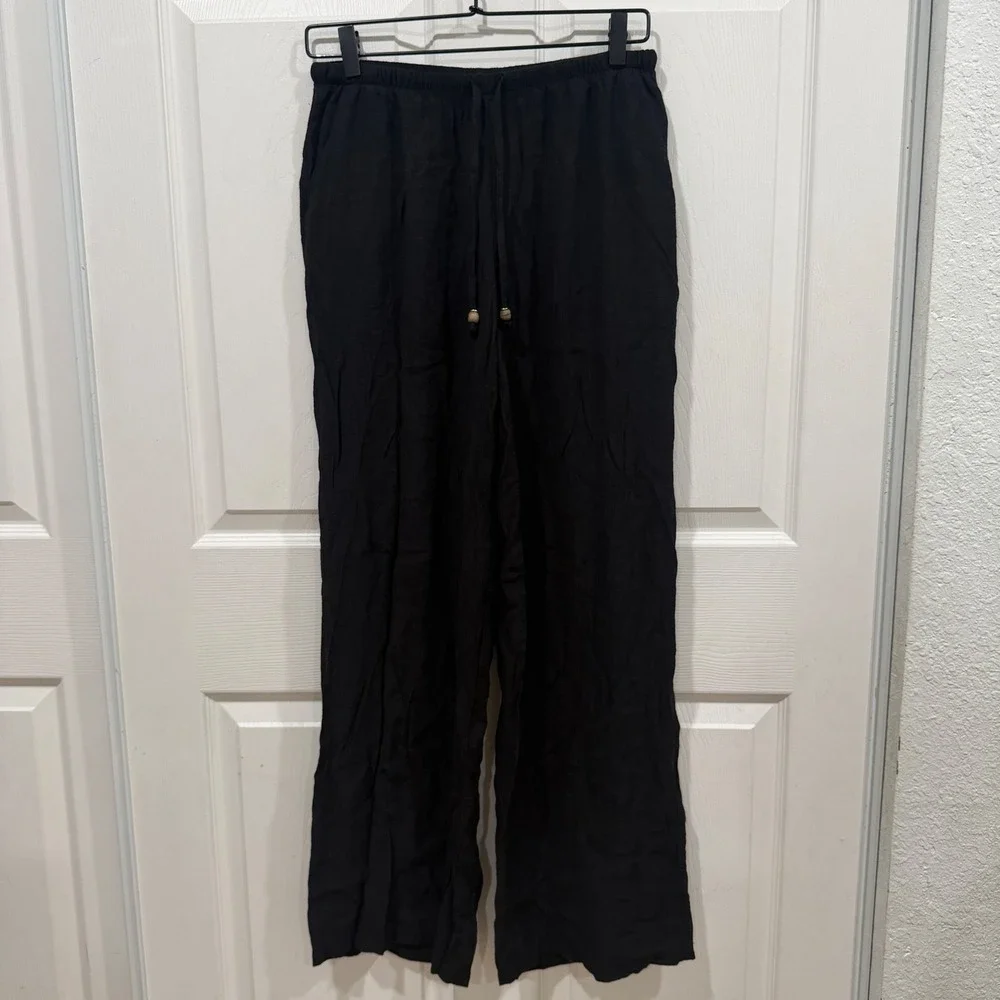 Zara Black Wide Leg Drawstring Pants Textured Flowy Trousers with Wood Beads M